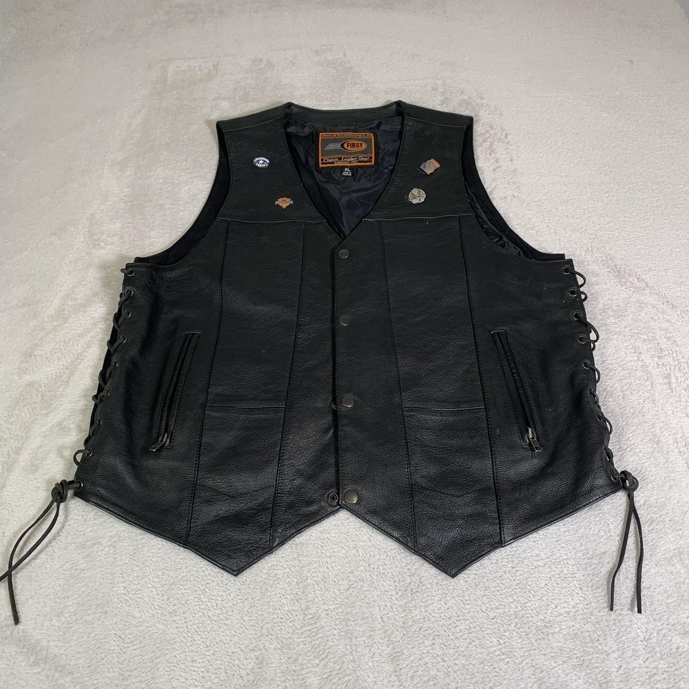 First Classics Vest Mens XL Black Leather Side Lace Motorcycle Biker Patriotic